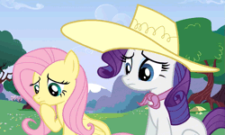 Size: 833x500 | Tagged: safe, derpibooru import, screencap, fluttershy, rarity, pegasus, pony, unicorn, a canterlot wedding, animated, female, gif, hat, looking at each other, mare, sitting, worried
