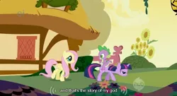 Size: 636x347 | Tagged: safe, derpibooru import, edit, edited screencap, screencap, fluttershy, spike, twilight sparkle, dragon, pegasus, pony, unicorn, friendship is magic, caption, dragons riding ponies, ei, female, god, hub logo, male, mare, riding, youtube caption