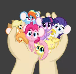 Size: 412x402 | Tagged: safe, artist:furseiseki, derpibooru import, applejack, fluttershy, pinkie pie, rainbow dash, rarity, twilight sparkle, human, mouse, applemouse, cheese, cute, dashabetes, diapinkes, female, fluttermouse, food, hand, holding, in goliath's palm, jackabetes, mane six, mousified, my little pony, pinkie mouse, rainbow mouse, raribetes, rarimouse, shyabetes, size difference, species swap, twiabetes, twimouse, weapons-grade cute
