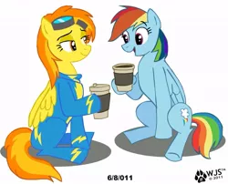 Size: 785x635 | Tagged: safe, artist:wolfjedisamuel, derpibooru import, rainbow dash, spitfire, pegasus, pony, coffee, coffee cup, cup, duo, duo female, female, goggles, mare, simple background, sitting, smiling, wonderbolts uniform