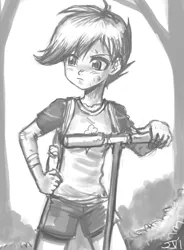 Size: 800x1088 | Tagged: adobe imageready, artist:johnjoseco, derpibooru import, female, grayscale, human, humanized, monochrome, safe, scootaloo, scooter, solo