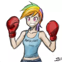 Size: 700x700 | Tagged: artist:johnjoseco, artist:michos, boxing gloves, clothes, colored, derpibooru import, female, grin, human, humanized, rainbow dash, safe, smiling, solo, tanktop