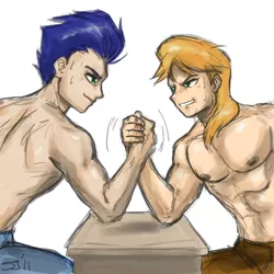 Size: 900x900 | Tagged: adobe imageready, arm wrestling, artist:johnjoseco, braeburn, clothes, derpibooru import, handsome, human, humanized, male, safe, simple background, soarin', something for the ladies, stupid sexy braeburn, topless, white background