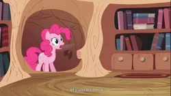 Size: 1366x768 | Tagged: safe, derpibooru import, screencap, pinkie pie, earth pony, pony, it's about time, female, golden oaks library, library, mare, solo, wide eyes, youtube caption