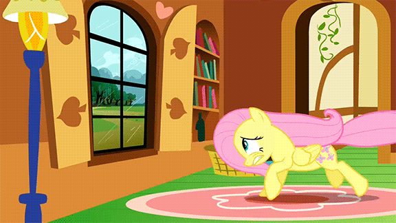 Size: 576x324 | Tagged: safe, derpibooru import, edit, edited screencap, screencap, fluttershy, pegasus, pony, dragon quest, abandon thread, animated, female, fluttershy's cottage, gif, mare, reaction image, solo