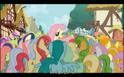 Size: 960x600 | Tagged: safe, derpibooru import, screencap, apple bumpkin, bon bon, carrot top, fluttershy, golden harvest, linky, shoeshine, spring melody, sprinkle medley, sweetie drops, twinkleshine, earth pony, pegasus, pony, angry mob, crowd, female, mare, mob, ponyville, youtube caption