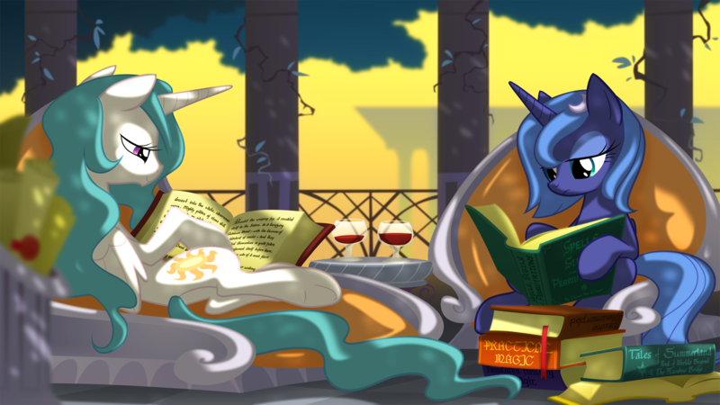 Size: 1920x1080 | Tagged: safe, artist:equestria-prevails, derpibooru import, princess celestia, princess luna, alicorn, pony, alcohol, blue-mane celestia, book, cute, dappled sunlight, female, filly, mare, reading, s1 luna, side, sitting, underhoof, wallpaper, wine, wine glass, woona, younger