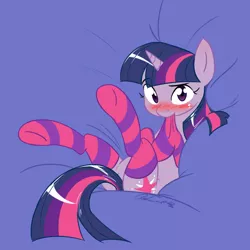 Size: 1000x1000 | Tagged: suggestive, artist:no-ink, derpibooru import, twilight sparkle, pony, unicorn, blushing, clothes, female, looking at you, mare, on back, socks, solo, solo female, spread legs, spreading, striped socks