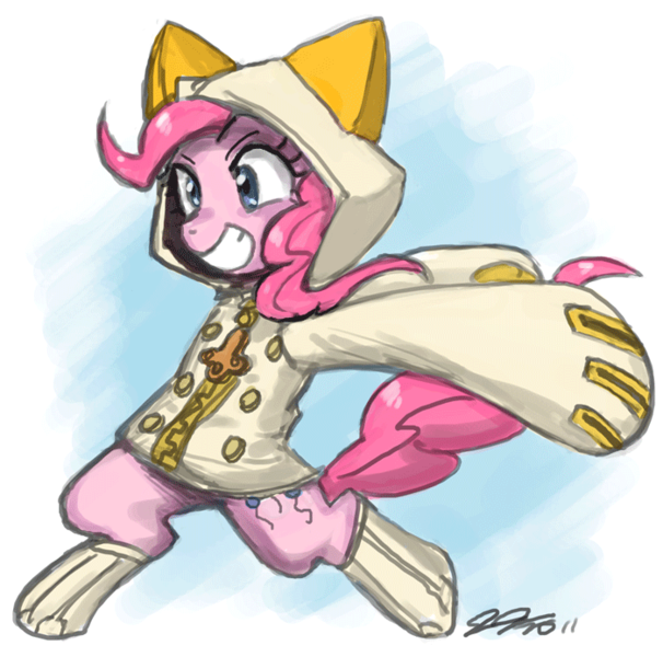 Size: 700x693 | Tagged: safe, artist:johnjoseco, derpibooru import, pinkie pie, earth pony, pony, adobe imageready, bipedal, blazblue, clothes, cosplay, costume, crossover, cute, diapinkes, female, mare, smiling, solo, taokaka