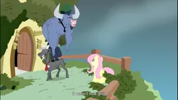 Size: 1366x768 | Tagged: safe, derpibooru import, screencap, fluttershy, iron will, goat, minotaur, pegasus, pony, putting your hoof down, female, fluttershy's cottage, male, mare, youtube caption