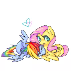 Size: 500x500 | Tagged: safe, artist:butterfly-pants, derpibooru import, fluttershy, rainbow dash, pegasus, pony, female, flutterdash, heart, lesbian, lying down, mare, oekaki, prone, shipping, side, simple background