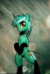 Size: 617x900 | Tagged: suggestive, artist:foxinshadow, derpibooru import, lyra heartstrings, pony, abstract background, bipedal, black underwear, clothes, collar, female, mare, panties, signature, socks, solo, solo female, thong, topless, underwear