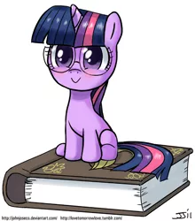 Size: 700x797 | Tagged: safe, artist:johnjoseco, derpibooru import, twilight sparkle, pony, unicorn, :>, blushing, book, colored pupils, cute, female, filly, foal, glasses, hnnng, looking at you, simple background, sitting, smiling, solo, twiabetes, unicorn twilight, white background, younger