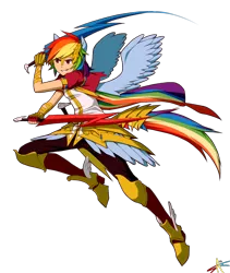 Size: 898x1065 | Tagged: artist:poobuttface, artist:radiostarkiller, derpibooru import, eared humanization, female, human, humanized, rainbow dash, safe, shoes of hermes, simple background, solo, sword, tailed humanization, transparent background, weapon, winged humanization, winged shoes