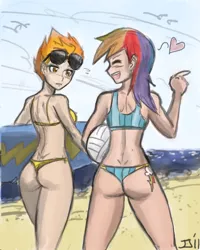 Size: 500x625 | Tagged: artist:johnjoseco, artist:michos, beach, bikini, breasts, clothes, colored, color edit, cutie mark on human, derpibooru import, edit, female, heart, human, humanized, lesbian, rainbow dash, rear view, shipping, spitdash, spitfire, suggestive, surfboard, swimsuit, wedgie