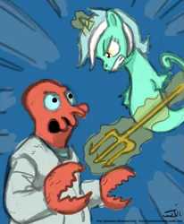 Size: 659x800 | Tagged: abstract background, artist:johnjoseco, crossover, derpibooru import, duo, female, futurama, lyra heartstrings, safe, sea pony, seapony lyra, shoo be doo, trident, zoidberg