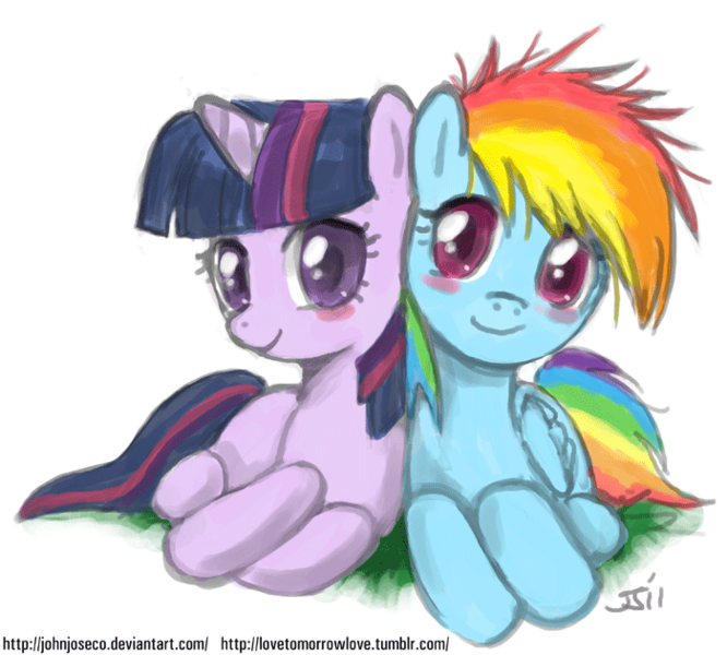 Size: 700x631 | Tagged: safe, artist:johnjoseco, derpibooru import, rainbow dash, twilight sparkle, pegasus, pony, unicorn, adobe imageready, blushing, cute, dashabetes, female, filly, foal, foal romance, lesbian, prone, shipping, simple background, twiabetes, twidash, unicorn twilight