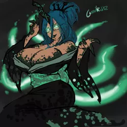 Size: 900x900 | Tagged: suggestive, artist:moronsonofboron, derpibooru import, queen chrysalis, human, abstract background, big breasts, breasts, busty queen chrysalis, female, glowing eyes, horned humanization, huge breasts, humanized, kneeling, nudity, solo, solo female