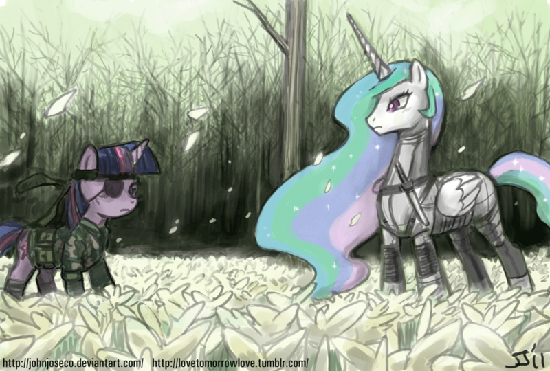 Size: 1000x675 | Tagged: safe, artist:johnjoseco, derpibooru import, princess celestia, twilight sparkle, alicorn, pony, unicorn, adobe imageready, crossover, female, hilarious in hindsight, konami, mare, metal gear, metal gear solid 3, naked snake, the boss