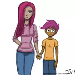 Size: 1280x1280 | Tagged: artist:johnjoseco, clothes, derpibooru import, duo, duo female, female, holding hands, hoodie, human, humanized, pinkamena diane pie, pinkie pie, safe, scootaloo