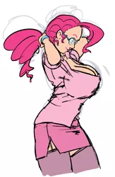 Size: 743x1137 | Tagged: artist:moronsonofboron, big breasts, breasts, busty pinkie pie, cleavage, derpibooru import, female, glasses, hair, huge breasts, human, humanized, pinkie pie, ponytail, safe, sideboob, solo