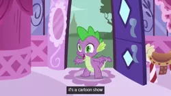 Size: 640x360 | Tagged: caption, carousel boutique, derpibooru import, dragon, fourth wall, male, safe, screencap, solo, spike, suited for success, youtube caption