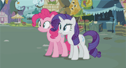 Size: 349x190 | Tagged: safe, derpibooru import, screencap, pinkie pie, rarity, earth pony, ostrich, pony, unicorn, putting your hoof down, animated, burying, duo, duo female, facehoof, female, gif, mare