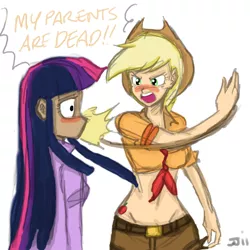 Size: 700x700 | Tagged: abuse, applejack, artist:johnjoseco, batman, belly button, blushing, cutie mark on human, derpibooru import, duo, duo female, female, front knot midriff, human, humanized, meme, midriff, my parents are dead, reality ensues, safe, simple background, slap, twilight sparkle, twilybuse, white background