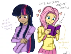 Size: 900x692 | Tagged: artist:johnjoseco, blushing, book, clopfic, clothes, derpibooru import, duo, duo female, embarrassed, fanfic, female, fluttershy, human, humanized, simple background, skirt, suggestive, twilight sparkle, white background, yaoi fangirl