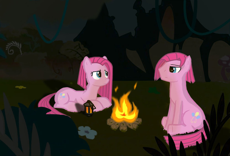 Size: 1008x684 | Tagged: safe, artist:cyberpanda2000, derpibooru import, pinkie pie, earth pony, pony, bubble berry, bubblini davinci berry, campfire, duo, female, fire, forest, lantern, male, mare, pinkamena diane pie, prone, rule 63, self ponidox, sitting, stallion