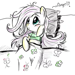 Size: 1000x1000 | Tagged: safe, artist:fiarel, derpibooru import, fluttershy, pegasus, pony, bed, clothes, female, mare, messy mane, midriff, morning ponies, on back, pajamas, pillow, short shirt, sketch, solo