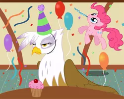 Size: 726x581 | Tagged: artist needed, source needed, safe, derpibooru import, gilda, pinkie pie, earth pony, gryphon, pony, annoyed, balloon, cupcake, duo, duo female, featured image, female, hat, image, jpeg, mare, party, party hat, streamers