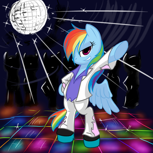 Size: 1000x1000 | Tagged: safe, artist:fiarel, derpibooru import, rainbow dash, pegasus, pony, bipedal, clothes, disco, disco ball, disco dance, disco rd, female, mare, platform shoes, pun, rainbow dash always dresses in style, solo, stealth pun, visual pun