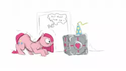 Size: 1600x900 | Tagged: artist needed, source needed, safe, derpibooru import, pinkie pie, earth pony, pony, companion cube, female, hat, mare, party hat, pinkamena diane pie, portal (valve)