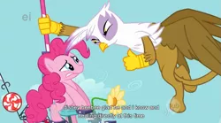 Size: 853x473 | Tagged: safe, derpibooru import, screencap, gilda, pinkie pie, earth pony, gryphon, pony, griffon the brush off, duo, duo female, female, flying, looking at each other, mare, pinkiecopter, youtube caption