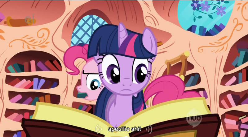 Size: 853x474 | Tagged: safe, derpibooru import, screencap, pinkie pie, twilight sparkle, earth pony, pony, unicorn, griffon the brush off, book, duo, duo female, female, golden oaks library, mare, meme, vulgar, youtube caption