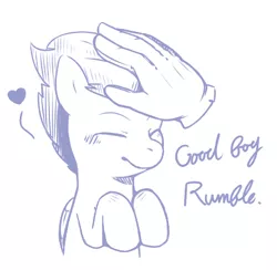 Size: 450x440 | Tagged: safe, artist:japananon, artist:昔の傷口, derpibooru import, rumble, pegasus, pony, colt, disembodied hand, eyes closed, foal, hand, heart, monochrome, petting, sitting, sketch, smiling, solo
