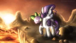 Size: 1366x768 | Tagged: safe, artist:fongsaunder, derpibooru import, rarity, spike, dragon, pony, unicorn, carrying, cliff, epic, female, glare, interspecies, male, mare, shipping, sparity, straight, sunset, wasteland