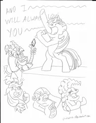 Size: 850x1089 | Tagged: safe, artist:unoservix, derpibooru import, applejack, discord, pinkie pie, rarity, twilight sparkle, draconequus, earth pony, pony, unicorn, bad singing, bipedal, crying, female, lighter, male, mare, microphone, monochrome, singing, song reference, whitney houston