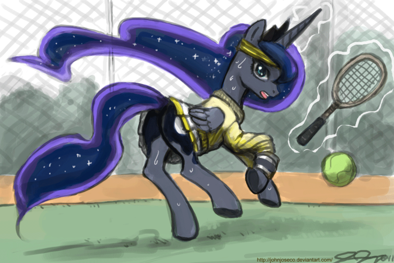 Size: 1000x667 | Tagged: safe, artist:johnjoseco, derpibooru import, princess luna, alicorn, pony, adobe imageready, clothes, featureless crotch, female, headband, looking at you, magic, mare, open mouth, plot, running, skirt, solo, sweat, sweater, telekinesis, tennis, underhoof