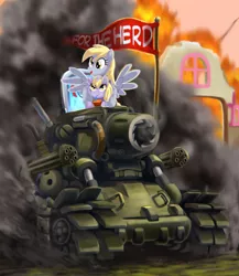 Size: 1041x1200 | Tagged: safe, artist:mew, derpibooru import, derpy hooves, dinky hooves, pegasus, pony, unicorn, crossover, equestria's best mother, female, filly, fire, flag, juice box, mare, metal slug, smiling, smoke, sv-001, tank (vehicle), weapon