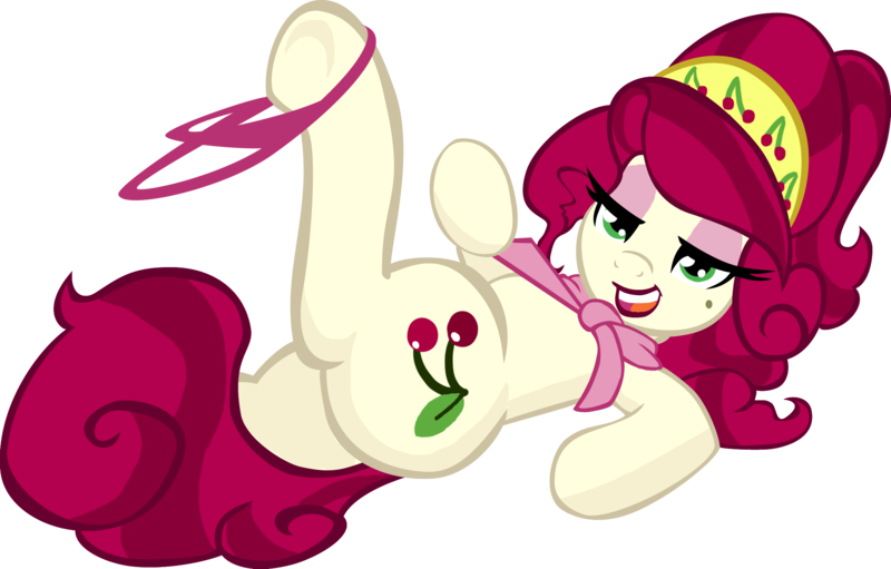 Size: 2163x1382 | Tagged: suggestive, artist:moronsonofboron, derpibooru import, cherry jubilee, earth pony, pony, bedroom eyes, cherry red underwear, clothes, female, mare, on back, panties, panties around leg, panties pulled down, pink underwear, show accurate, show accurate porn, simple background, solo, solo female, transparent background, underwear, vector