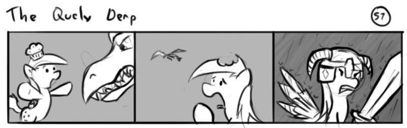 Size: 802x253 | Tagged: safe, artist:tetrapony, derpibooru import, derpy hooves, dragon, pegasus, pony, comic:the daily derp, comic, female, helmet, mare, monochrome, muffin, skyrim, sword, the elder scrolls, the quely derp