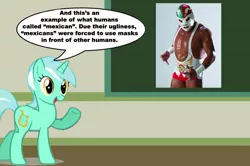 Size: 887x588 | Tagged: safe, derpibooru import, lyra heartstrings, pony, unicorn, chalkboard, dr wagner, female, human studies101 with lyra, lucha libre, mare, meme, photo