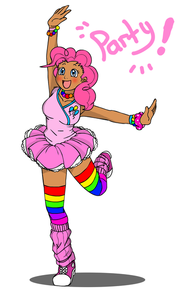 Size: 885x1440 | Tagged: artist:sugar-plum, clothes, converse, derpibooru import, female, happy, human, humanized, leg warmers, moderate dark skin, pinkie pie, rainbow socks, safe, shoes, skirt, sneakers, socks, solo, striped socks, tutu