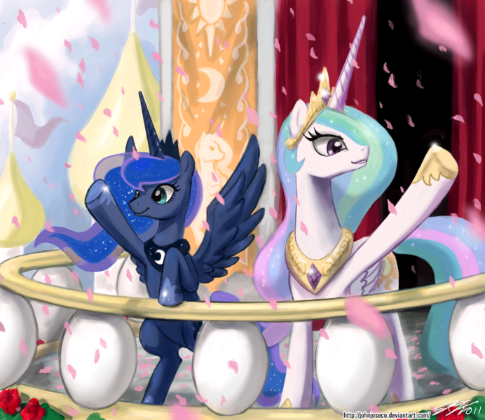 Size: 1200x1040 | Tagged: safe, artist:johnjoseco, derpibooru import, princess celestia, princess luna, alicorn, pony, adobe imageready, balcony, duo, duo female, female, mare, royal sisters, royal wave, underhoof