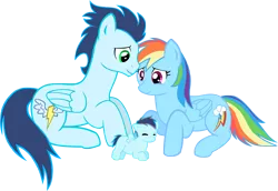 Size: 2726x1876 | Tagged: safe, artist:ludiculouspegasus, derpibooru import, rainbow dash, soarin', oc, oc:sky dasher, pegasus, pony, backwards cutie mark, colt, cute, daaaaaaaaaaaw, family, female, foal, male, mare, offspring, parent:rainbow dash, parent:soarin', parents:soarindash, prone, shipping, simple background, smiling, soarinbetes, soarindash, stallion, straight, transparent background