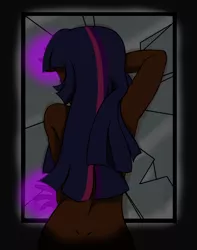 Size: 680x861 | Tagged: suggestive, artist:sugar-plum, derpibooru import, twilight sparkle, human, blackwashing, dark, dark skin, female, humanized, image, magic, nudity, png, rear view, solo, solo female, wip