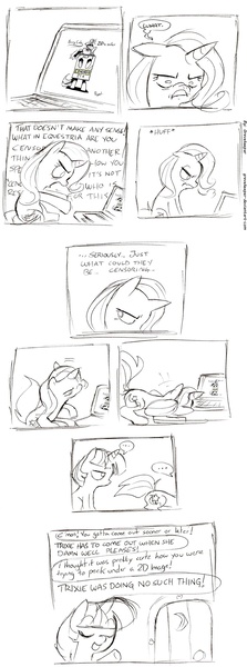 Size: 999x2686 | Tagged: suggestive, artist:fiarel, artist:gravekeeper, derpibooru import, trixie, twilight sparkle, pony, unicorn, censorship, comic, computer, dialogue, drink, duo, duo female, female, laptop computer, mare, monochrome