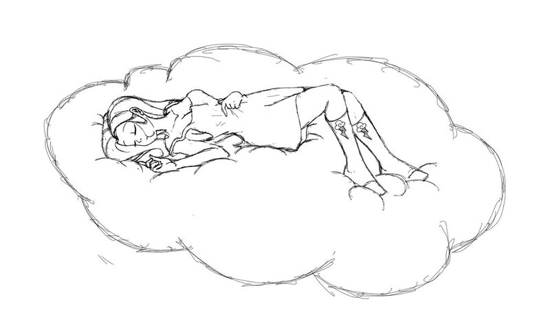 Size: 1024x610 | Tagged: artist:sugar-plum, clothes, cloud, cutie mark clothes, derpibooru import, dress, female, fluttershy, human, humanized, monochrome, on back, safe, sleeping, socks, solo